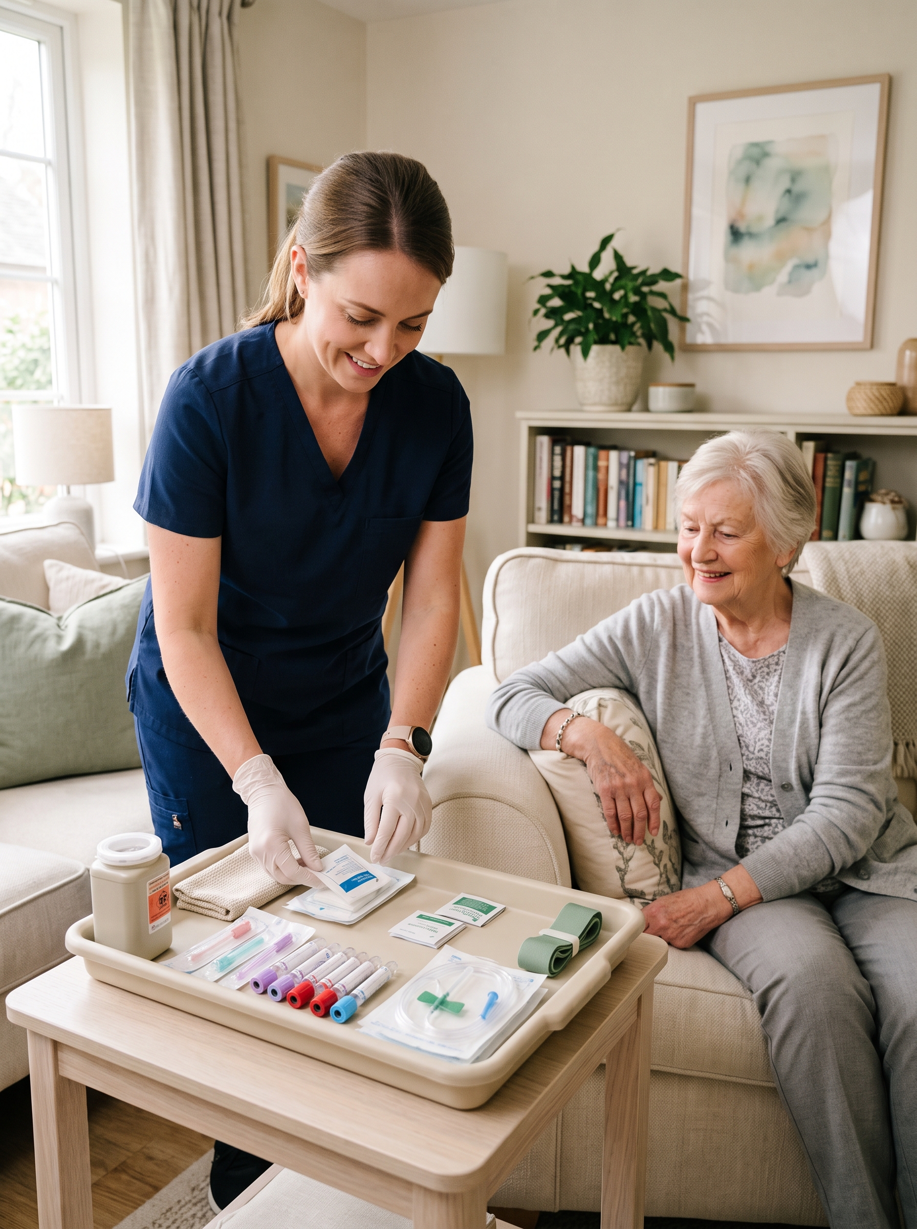 Mobile phlebotomy professional preparing an eligible at-home blood collection for a San Antonio patient