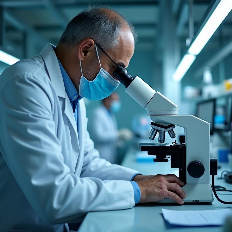 A laboratory scientist examining a specimen under a microscope