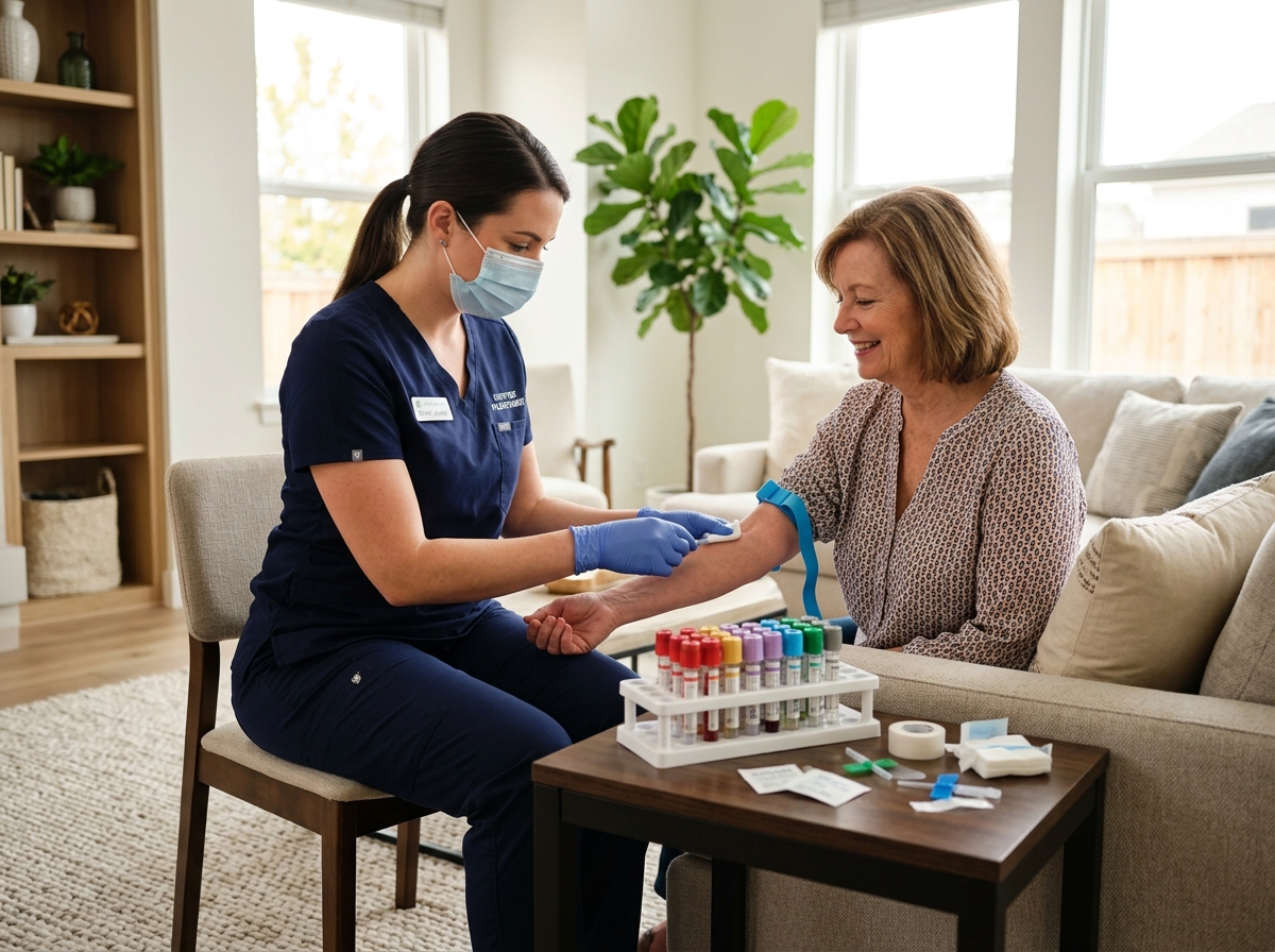 A qualified professional collecting a blood sample during a home visit