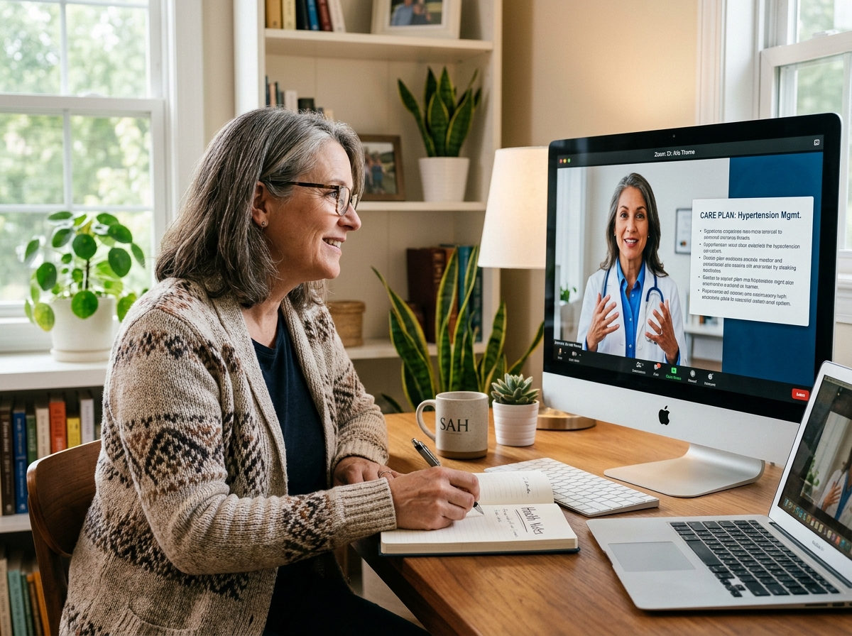 A THRYVE provider talking with a patient about their symptoms during a telehealth consultation