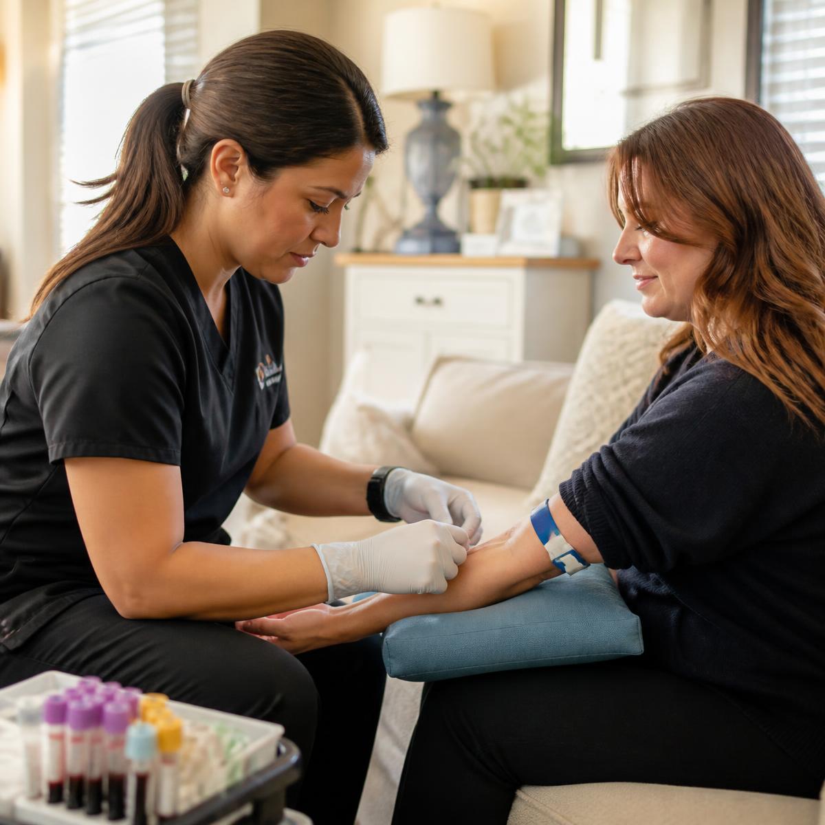 A phlebotomist performing an at-home blood draw for a member's quarterly biomarker panel