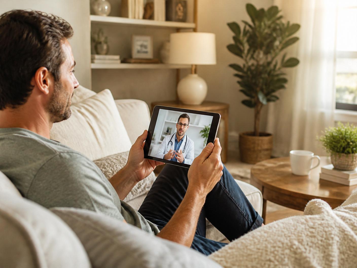 Man discussing testosterone evaluation with a healthcare provider through virtual care